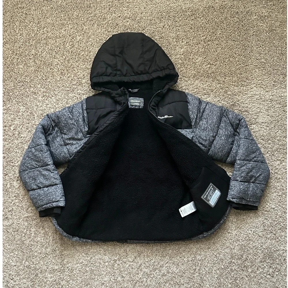 Eddie Bauer I‎ Kids Puffer Winter Hooded Jacket I Quilted Gray Black I Size M